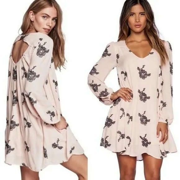 Free People Dresses & Skirts - Free People Emma Embroidered Swing Dress in Light Pink